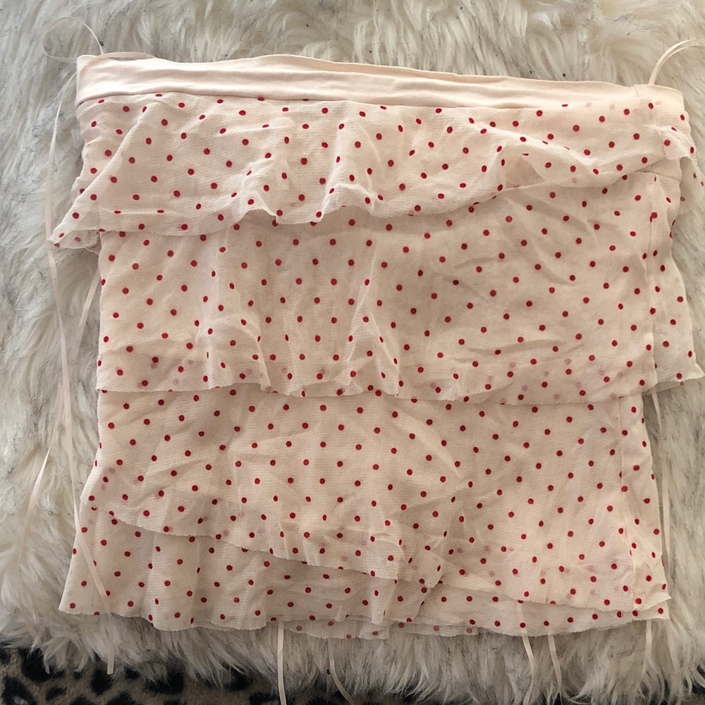 Topshop Cream Ruffle Tube Top with Red Polka Dots